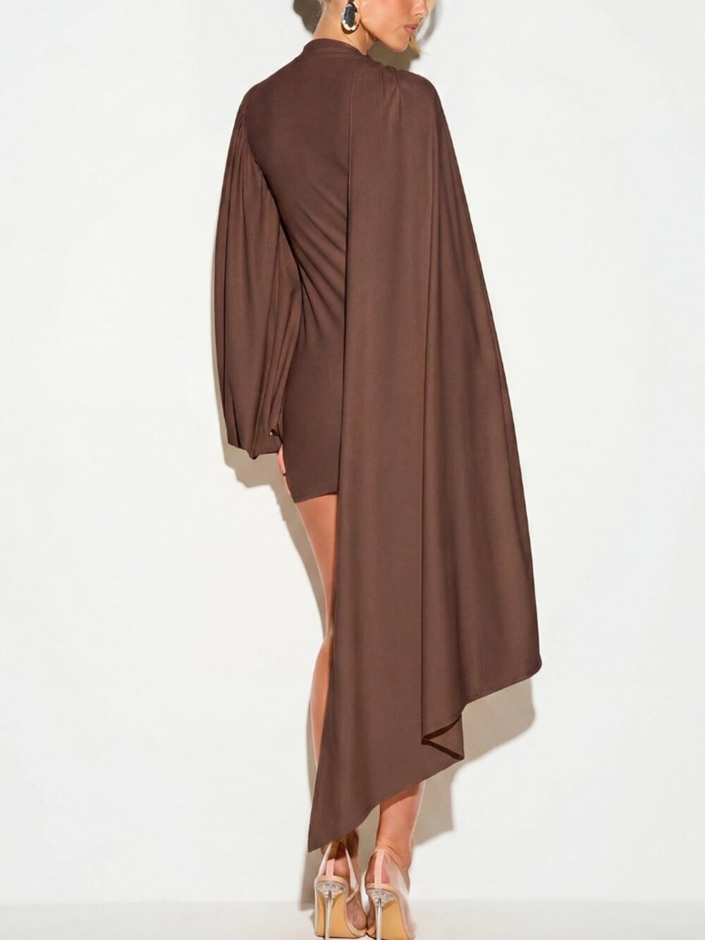 Brown Party Women's Draped Cape Detail Balloon Sleeve Mini Dress - Picture 3 of 5